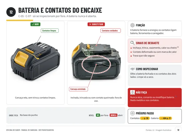 Página 12: bateria boa ao lado de bateria inchada, com o que observar e quem pode fazer