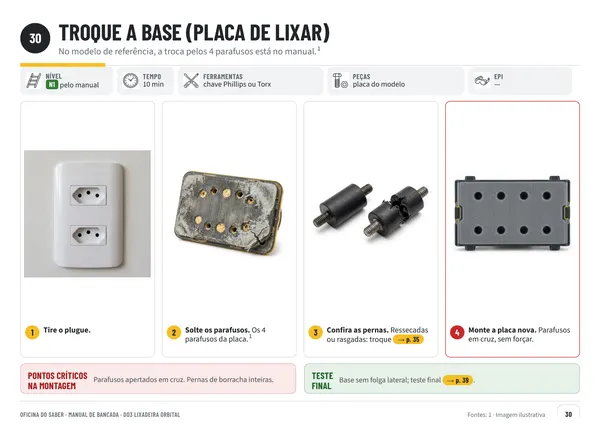 Página 30: passo a passo com fotos para trocar a base da lixadeira